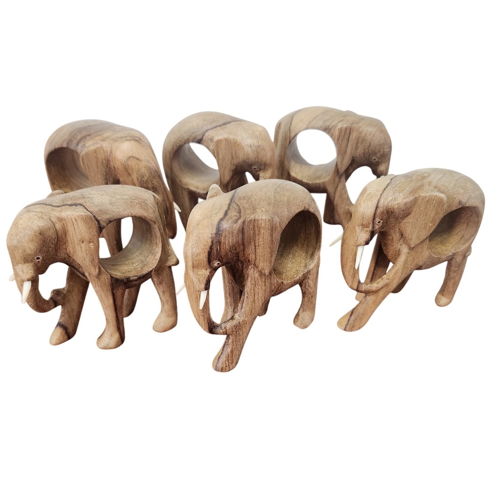 Vintage standing wooden elephant napkin ring holders set‎ of 6